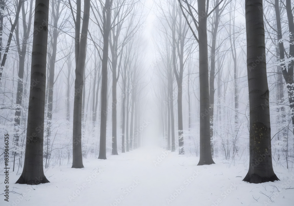 Naklejka premium Snowy forest with bare trees in heavy fog creates a mysterious and serene winter landscape. Path through a cold, silent nature scene for seasonal project.
