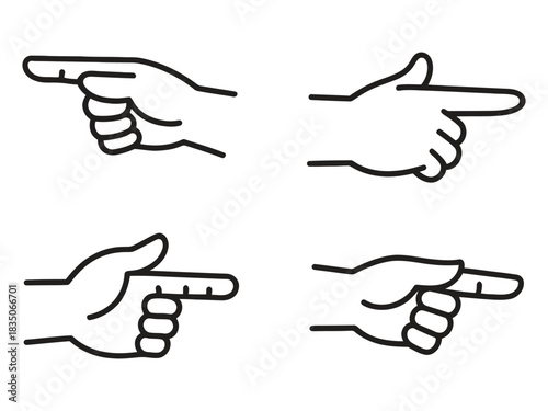 Set of four simple line art icons depicting a hand pointing to the right in various styles, isolated on white background.