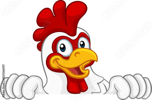 A chicken rooster cockerel bird cartoon character peeking over a sign