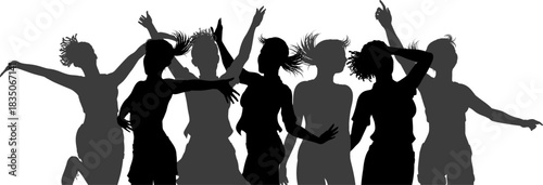 Silhouettes of women dancing in dynamic motion, suitable for scenes at a gig, party, festival, or celebration. Perfect for themes of music, energy, nightlife, performance culture and modern lifestyle
