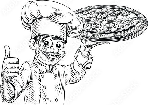 Black and white woodcut style illustration of a cheerful Italian chef holding a tray with a freshly baked pizza. For pizzeria, restaurant menus, culinary branding, and vintage style food packaging.
