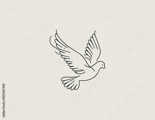 White dove line art forms peaceful flying symbol in clean black vector illustration