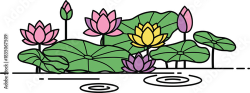 Peaceful lotus flowers blooming on calm water with vibrant lily pads, serene nature illustration, tranquil pond scene, colorful aquatic blossoms