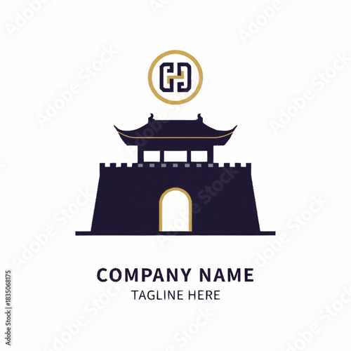 Elegant Chinese Fortress Logo Design with Initial Letters and Company Name.