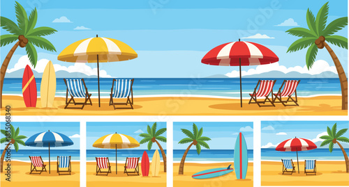 Beautiful tropical beach illustration set with umbrellas chairs surfboards palm trees and ocean views for summer vacation and travel themes