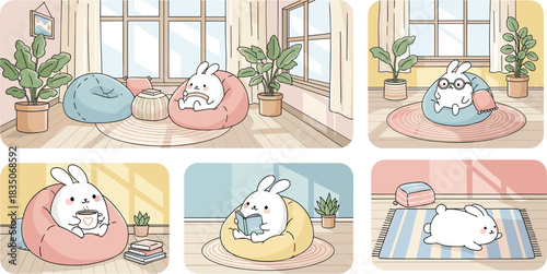 “Cute bunny relaxing in cozy home interior with bean bags, houseplants, soft rugs, warm sunlight and adorable cartoon lifestyle scenes”