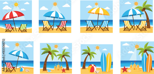 “Summer beach vacation illustration set with umbrellas, deck chairs, palm trees, surfboards, sandcastles, sunshine and ocean holiday elements”