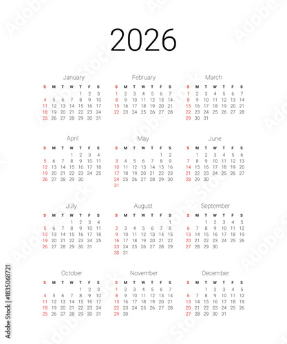 2026 calendar start from sunday for usa. english template