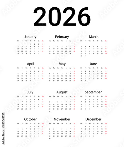 2026 calendar. English Vector design template start from Monday