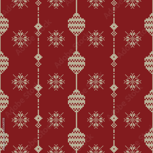 Knited sweater Cross stich Christmas on red ethnic pixel seamless pattern design for textile print, wrap, decoration.