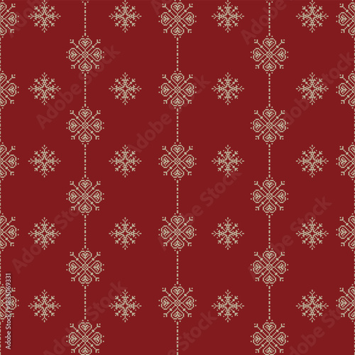 Knited sweater Cross stich Christmas on red ethnic pixel seamless pattern design for textile print, wrap, decoration.