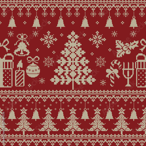 Vintage Christmas Pixel Cross stich seamless pattern with red and gold snowflakes for a festive winter holiday wallpaper decoration