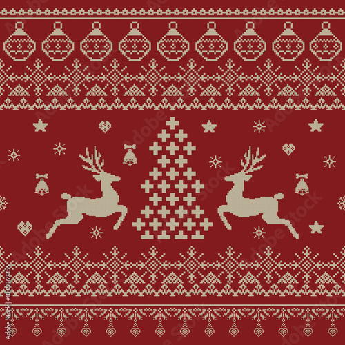 Deer and Christmas tree pixel knited, cross stich seamless pattern Christmas winter, festive, Ethnic style