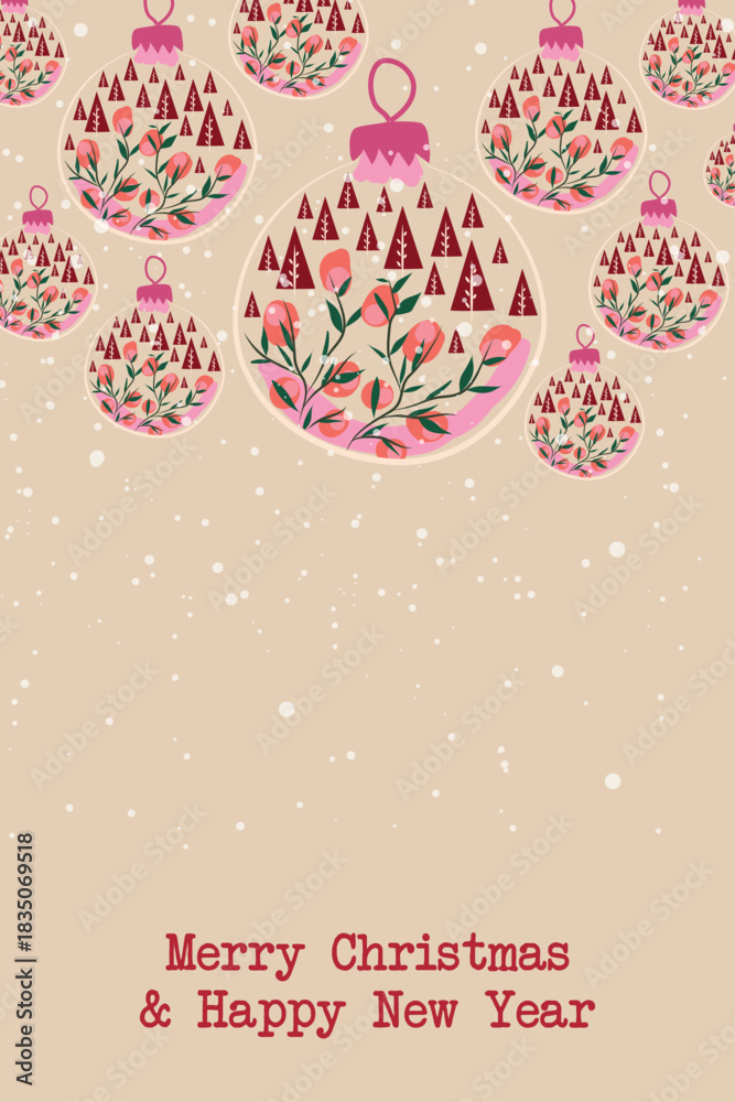 Naklejka premium A cheerful holiday design featuring decorative baubles with floral and tree patterns, gently falling snow, and a warm “Merry Christmas & Happy New Year” greeting.