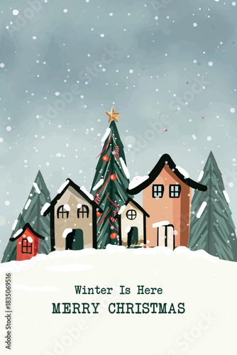 A cozy winter village scene featuring snow-covered houses, decorated Christmas trees, and gently falling snow, paired with a warm “Merry Christmas” message.