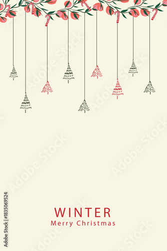 A minimalist festive design featuring delicate hanging tree ornaments and floral accents, creating a calm and elegant winter holiday greeting.