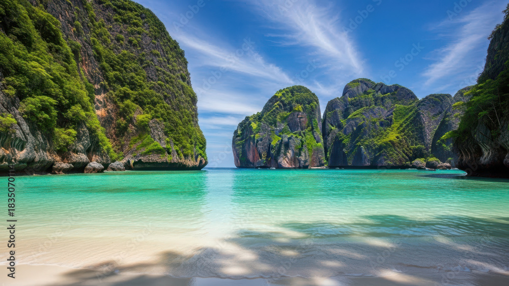 Naklejka premium Beautiful tropical beach with turquoise water and limestone cliffs