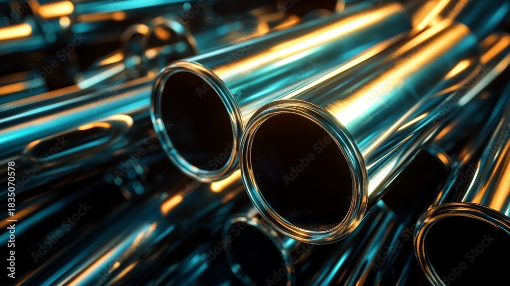 Naklejka premium Shiny Metal Steel Pipes Stacked Neatly in Industrial Warehouse With Reflective Surface