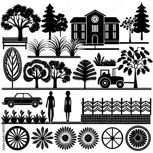 This vector set includes urban and landscape elements—people, vehicles, and plants—in both silhouette and outline styles. Ideal for CAD drawings, diagrams, and presentations