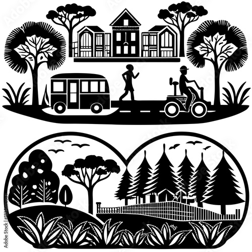 This vector set includes urban and landscape elements—people, vehicles, and plants—in both silhouette and outline styles. Ideal for CAD drawings, diagrams, and presentations