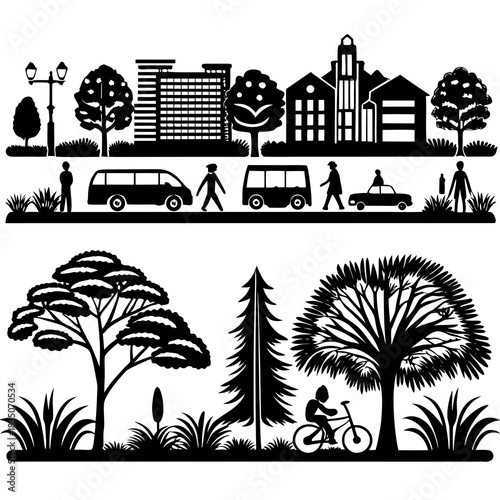 This vector set includes urban and landscape elements—people, vehicles, and plants—in both silhouette and outline styles. Ideal for CAD drawings, diagrams, and presentations