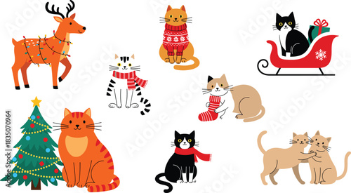 Christmas animal illustration set, festive cats and reindeer with tree, sleigh, gifts, cozy outfits, holiday cartoon graphics