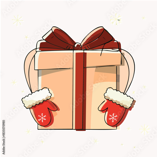 Cozy Christmas gift with mittens, holiday cheer, festive season, and joyful giving, perfect for seasonal promotions and heartwarming designs