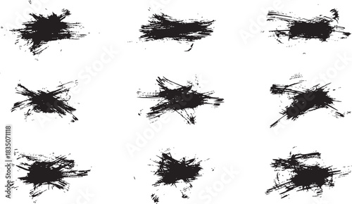 Brush set. Vector black paint brush spots, highlighter lines or felt-tip pen marker. Ink smudge abstract shape stains and smear set with texture