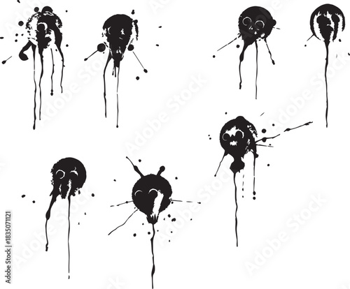 Brush set. Vector black paint brush spots, highlighter lines or felt-tip pen marker. Ink smudge abstract shape stains and smear set with texture