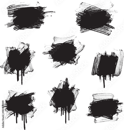 Brush set. Vector black paint brush spots, highlighter lines or felt-tip pen marker. Ink smudge abstract shape stains and smear set with texture