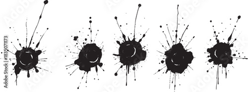 Brush set. Vector black paint brush spots, highlighter lines or felt-tip pen marker. Ink smudge abstract shape stains and smear set with texture