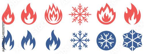 Fire and snowflake vector, representing hot and cold sign, flat design illustration ideal for weather apps, temperature indicators, climate visuals, user interface graphics, digital dashboards, season