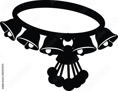 Black silhouette of a collar with multiple bells and decorative elements on a white background jingle