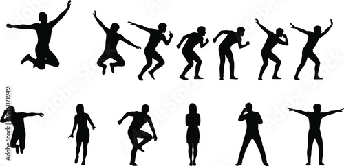 Human pose silhouette illustration set, dynamic motion and static gestures, posture and movement concept vector, black and white graphic