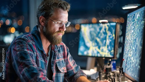 A handsome male petroleum engineer assesses drilling data inside a command cabin during evening operations at an oilfield, showcasing the intricacies of oil extraction technology.