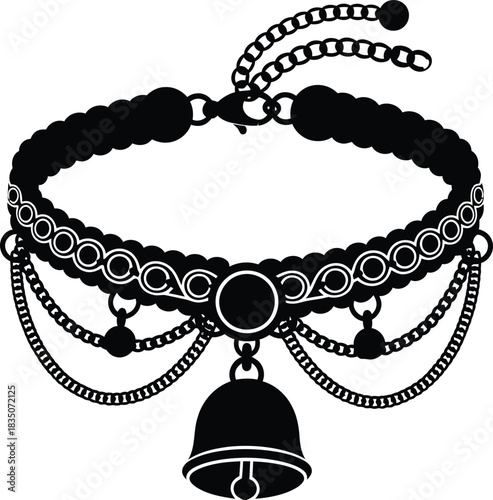 Black silhouette of a detailed choker necklace with chains and a hanging bell pendant jewelry