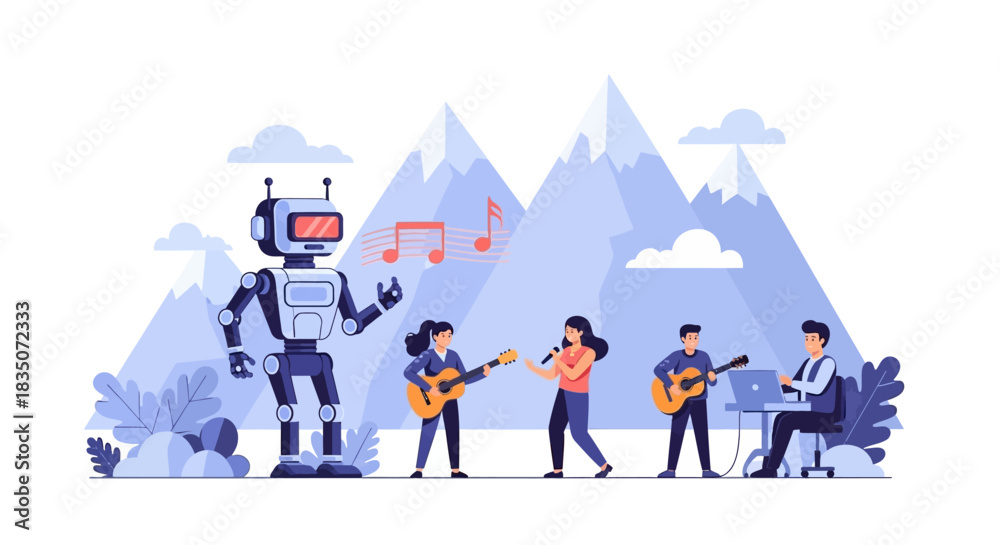 Naklejka premium Robot and Musicians Performing Together in Nature.