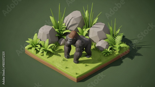 Low poly gorilla stands on a grassy patch surrounded by rocks and plants in a stylized, isometric scene.