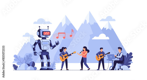 Robot and Musicians Performing Together in Nature.