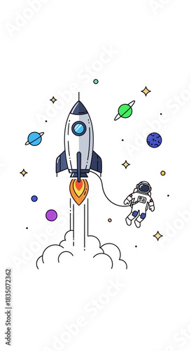 Rocket launch with astronaut in space exploration.