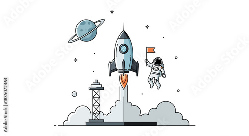 Rocket Launching into Space with Astronaut and Planet.