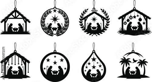 Nativity ornament silhouette set, black Christmas decorations with Mary Joseph baby Jesus, festive religious holiday manger scene icons