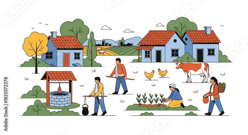 Rural Farm Life A Picturesque Village Scene.