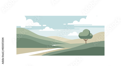 Scenic landscape with rolling hills and a solitary tree.