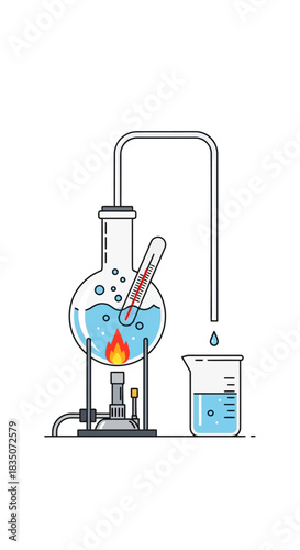 Scientific distillation process with laboratory equipment illustration.