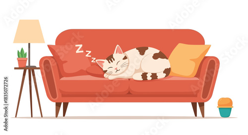 Sleeping cat on a red sofa with pillows and a lamp.