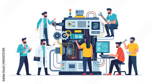 Team of Engineers Assembling Complex Industrial Machinery.
