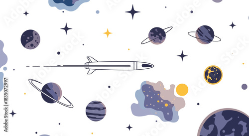 Space exploration with rocket and planets in the universe.
