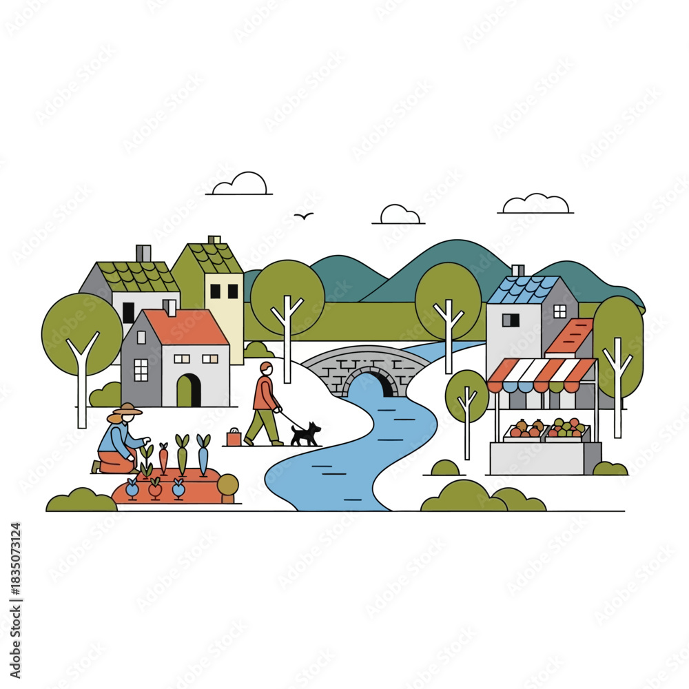 Naklejka premium Picturesque Village Scene with River and People.