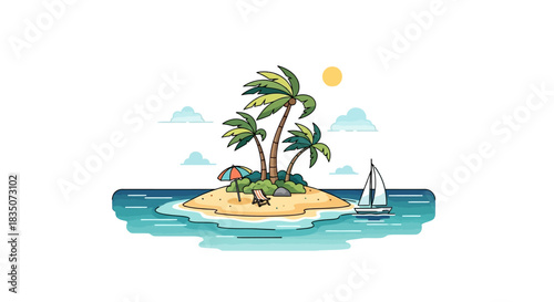 Tropical island with palm trees and sailboat.